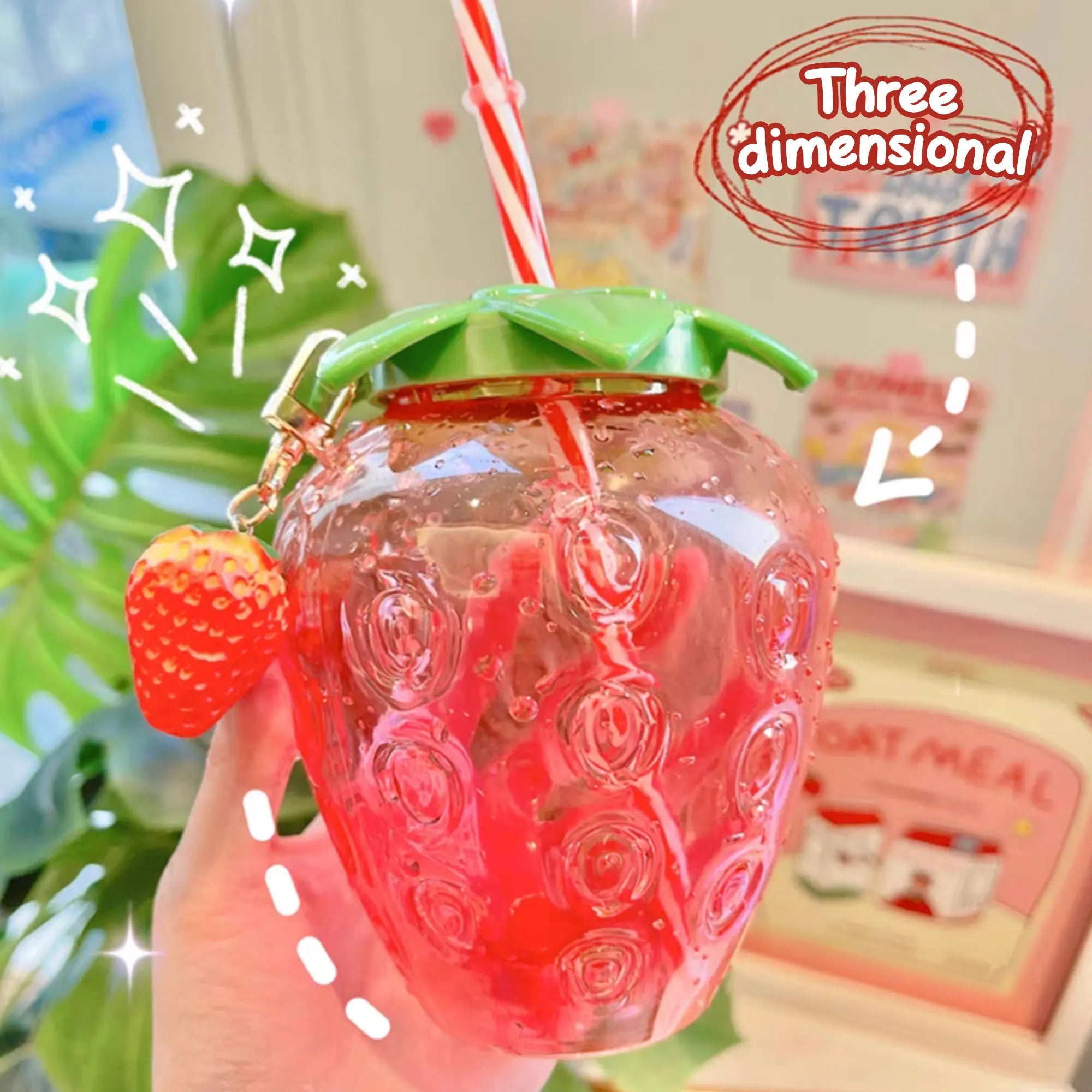 500ml PET Strawberry Shaped Children's Straw Mug Clear Strawberry Juice Mug Cold Water Mug Photography Accessories
