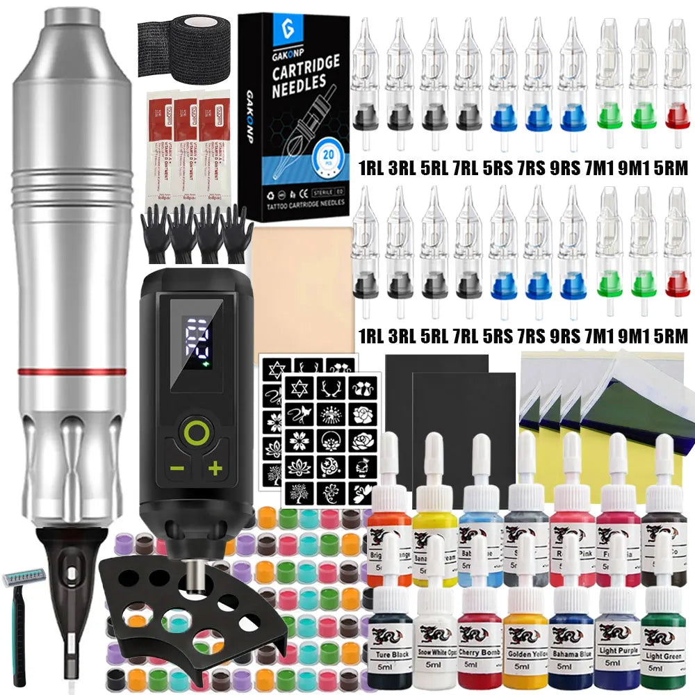 Professional Wireless Tattoo Machine Kit Rotary Tattoo Pen Kit with Wireless Power Supply Inks Needles for Tattoo Beginners Kits