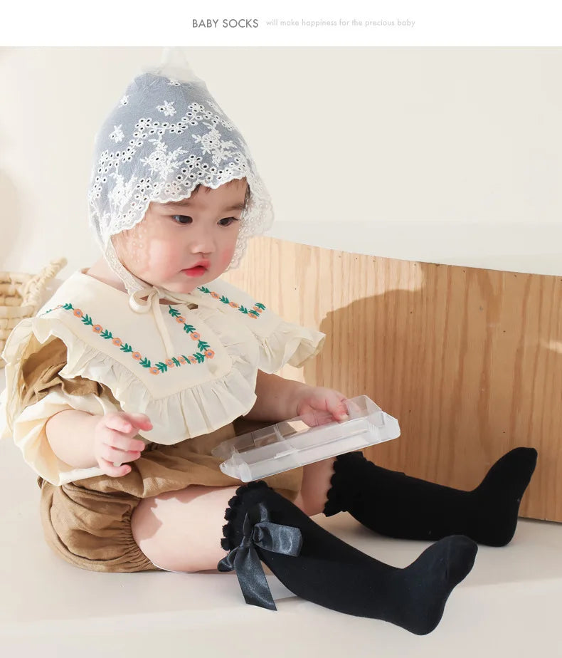 Baby Girls Bow Knee High Socks Cute Kids Girl Student Princess Sock Children Solid Color Cotton Socks Infant Newborn Clothing