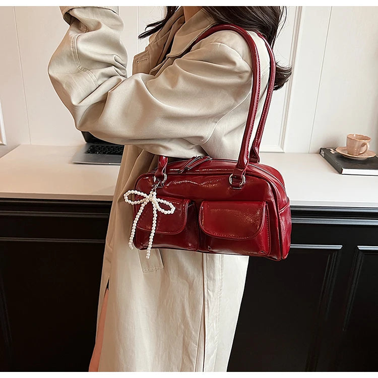 Solid Sewing Thread Fashion Glossy PU Shoulder Bags Baguette Versatile Hand Bags 2025 Hot Sale Bags for Women Bolsas Femininas