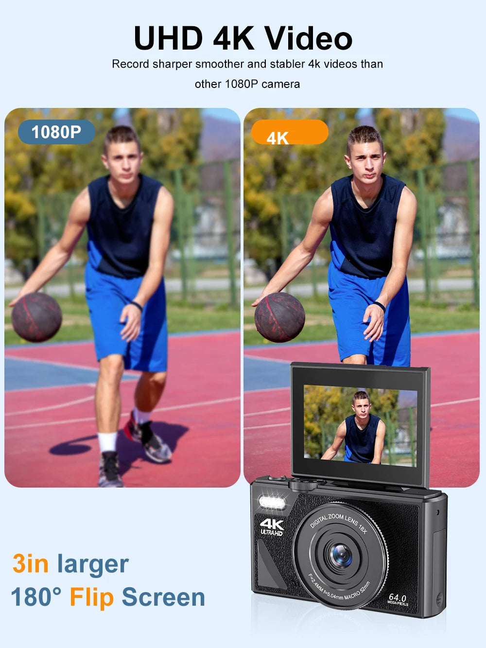 Ourlife AC600 Digital Camera 4K 64MP UHD Cameras 18X Digital Zoom 180° Flip Screen Vintage Vlogging Camera for YouTube Autofocus