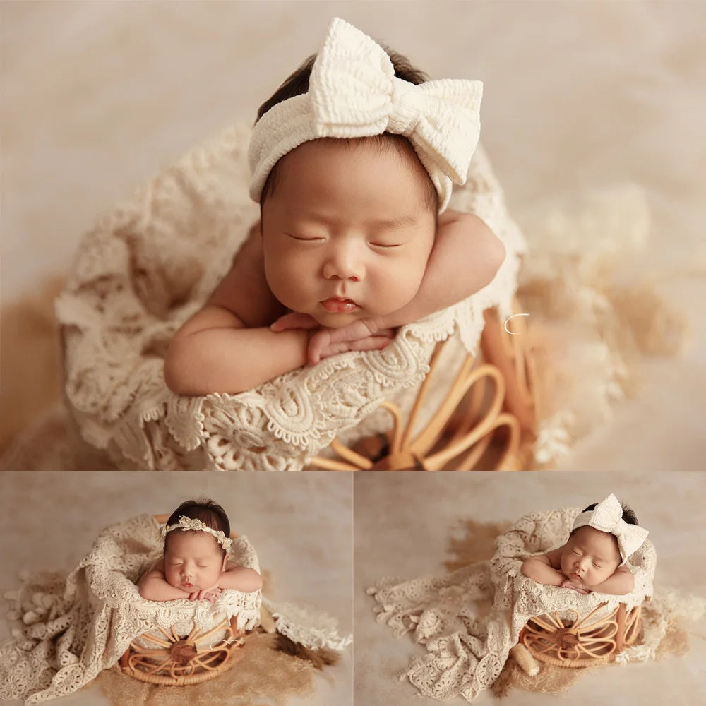 0-1 Month Baby Photography Props Baby Girl Bow Headband + Head Flower Infant Shoot Lace Background Mat Newborn Photo Accessories