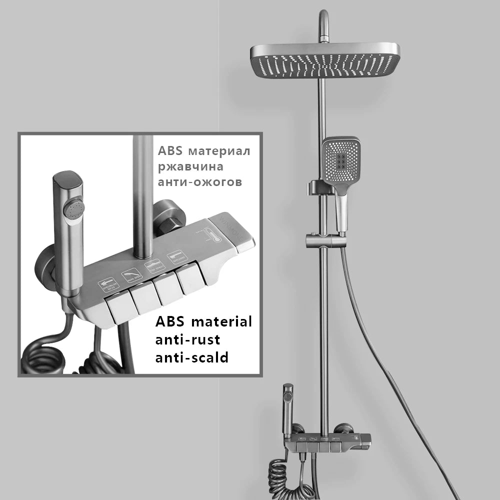 Cheap Gun Gray Bathroom Shower Faucet Set 4 Way ABS Hot and Cold Shower Crane Mixer Tap Bathtub Rainfall Showers System Full Set