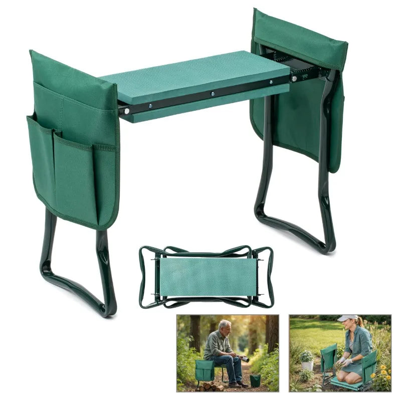 Garden Kneeler and Seat Foldable Kneeling Stool with Thicker Foam Pad Heavy Duty Bench with Tool Pouch Gifts for Fishing Green