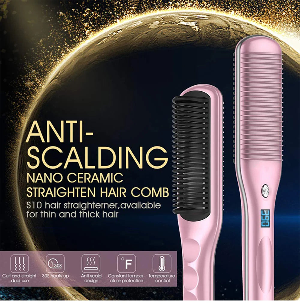 2 in 1 Hair Straightener Brush 30' Heats up Anti-scald Straight &Curler Dual-use 110-240V Straightening Splint inner Buckle Iron