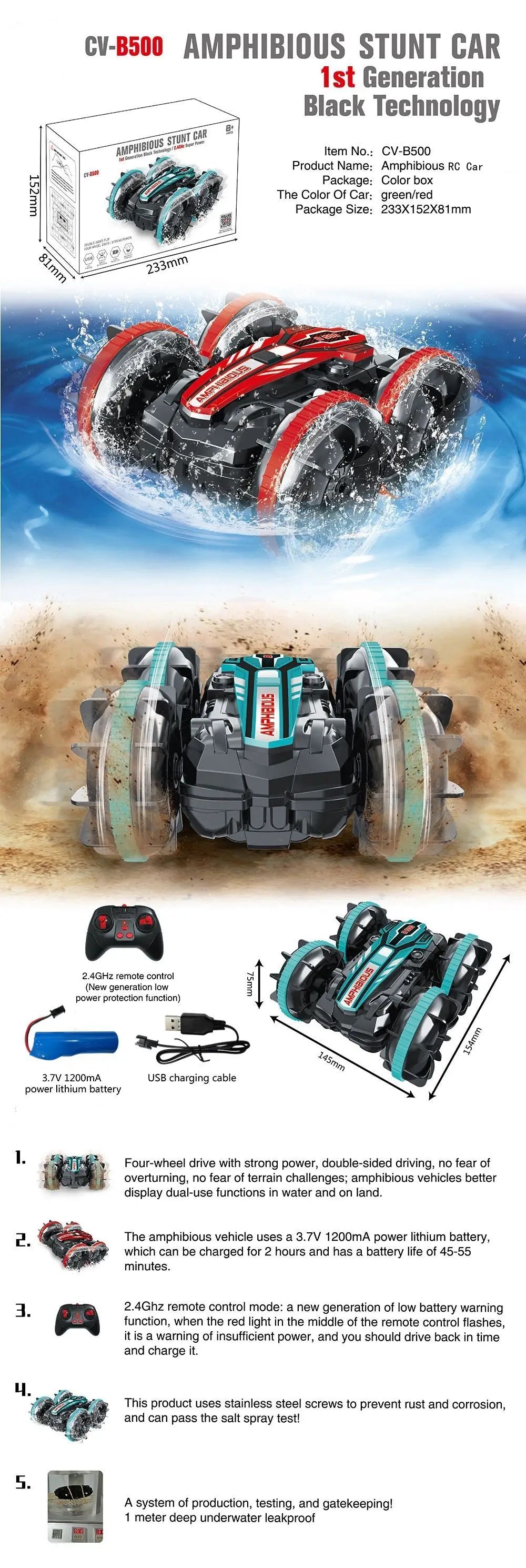 Amphibious RC Car Remote Control Stunt Car Vehicle Double-sided Flip Radio 4WD Drift Off Road Outdoor Toys for Boy Children Gift