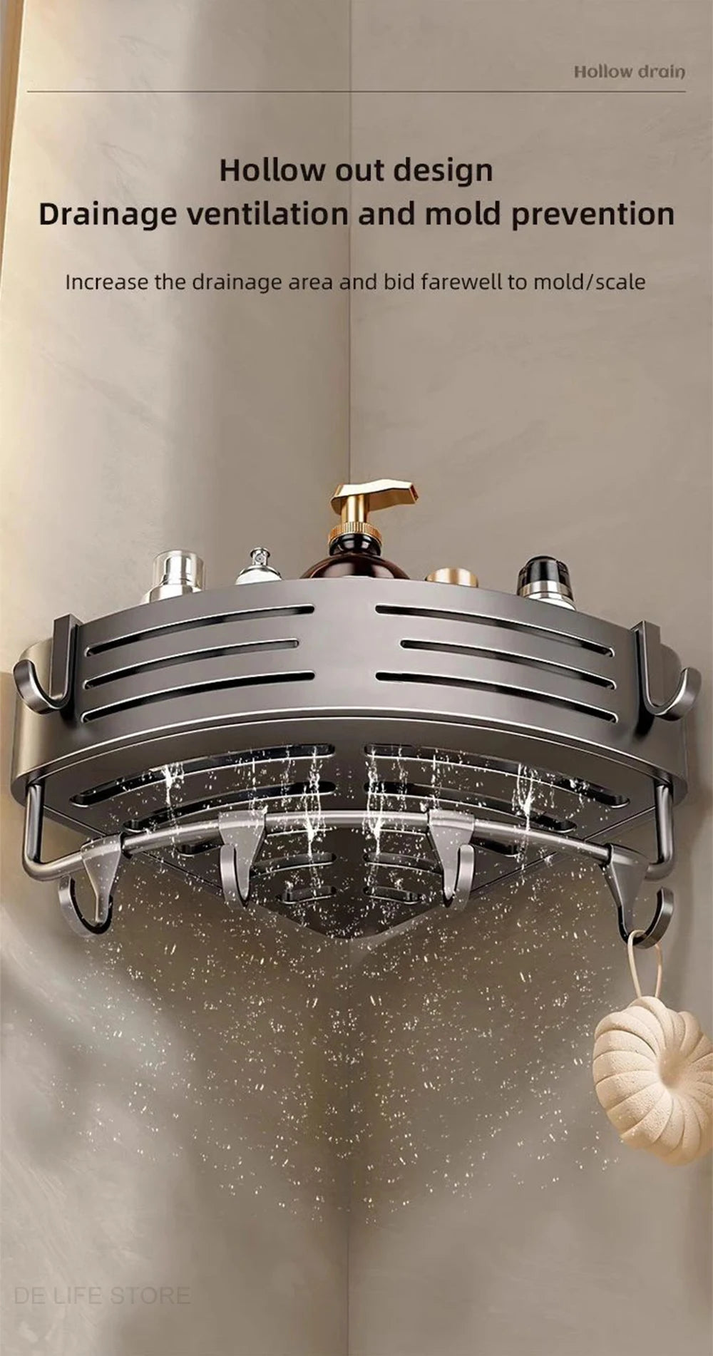 1-2PCS Bathroom Corner Shelf with Plastic Hook Towel Bar No Drill Space Aluminum Shower Storage Rack Bathroom Organizer