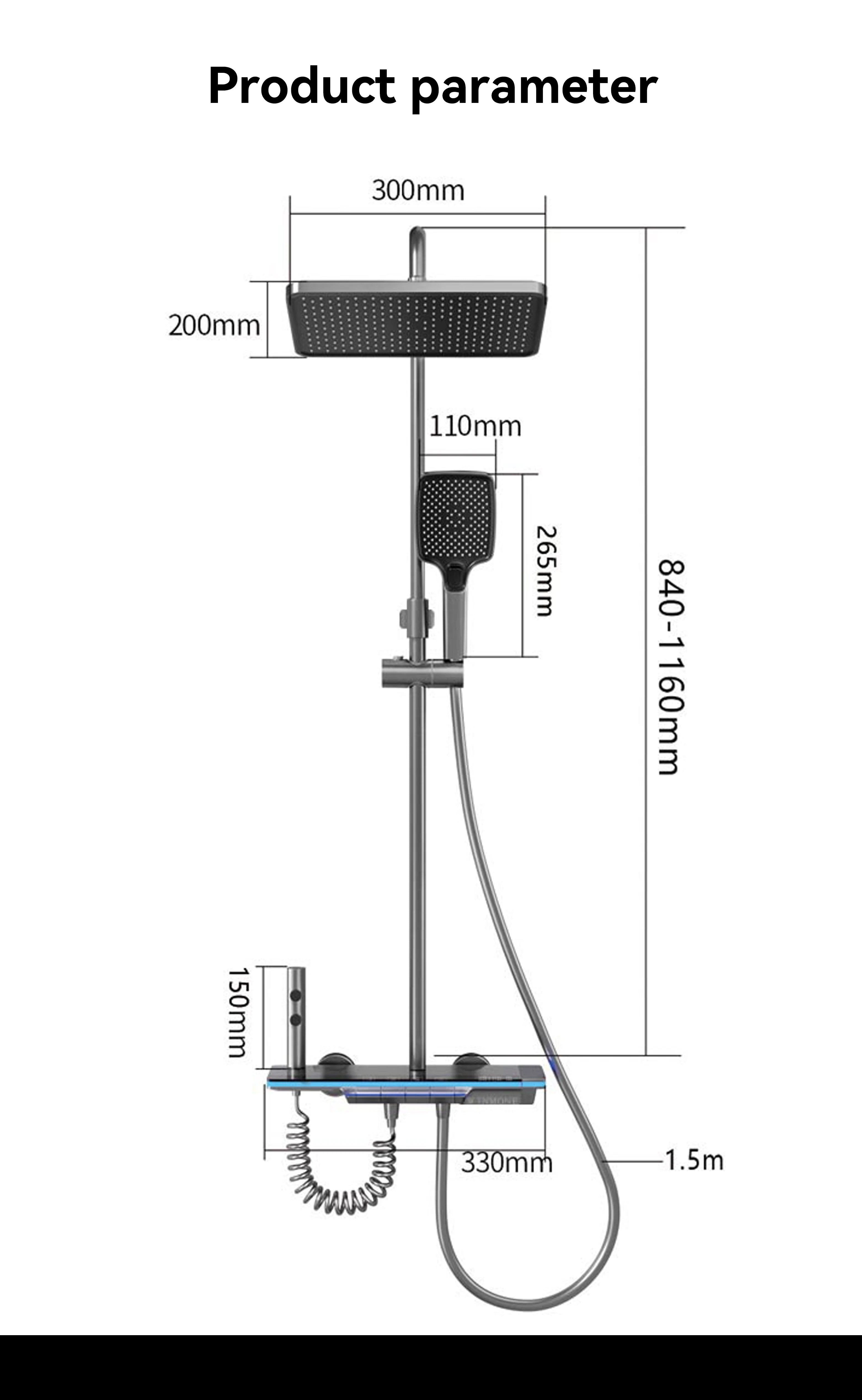 Ambient Light Bathroom Shower Full Set Wall Mount Bathtub Mixer Rain Digital Display Black Shower System Waterfall Shower Faucet
