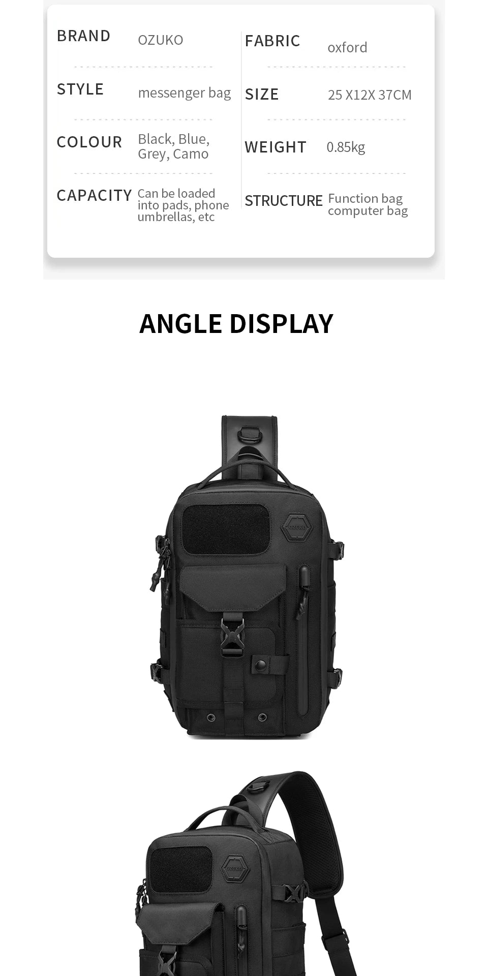 OZUKO Large Capacity Shoulder Bags for Male Waterproof Chest Bag Tactical Sling Messenger Bags Men Outdoor Sports Crossbody Bag