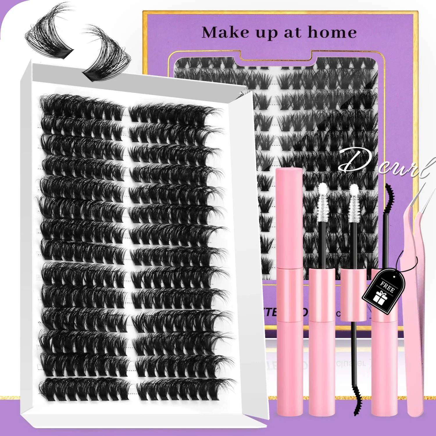 GROINNEYA DIY Eyelashes Lashes Clusters Kit Mix Wispy Individual Lashes Extensions Clusters Lashes Lash Bond & Seal Makeup