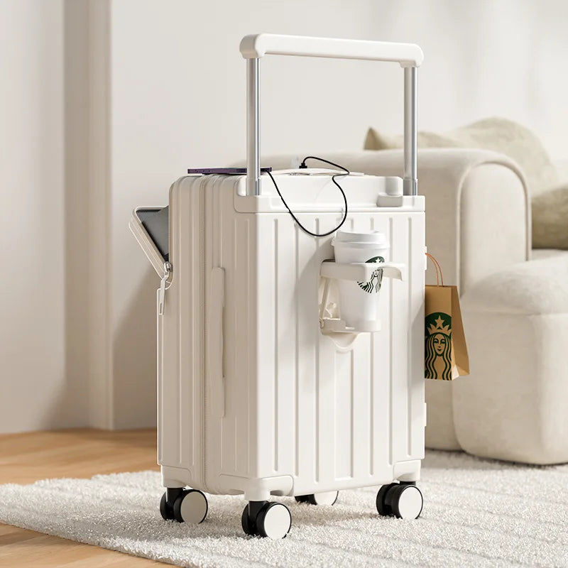 Travel Luggage Wide Tie Rod Suitcase Front Opening Laptop Boarding Case USB Charging 20"22"24"26 Inch Trolley Case with Wheels