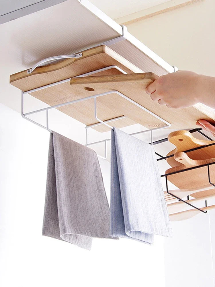 Cutting Board Kitchen Shelf, Double-Layer Perforation-Free Cabinet Hanger, Rag, Cutting Board Storage And Finishing Iron Hanger