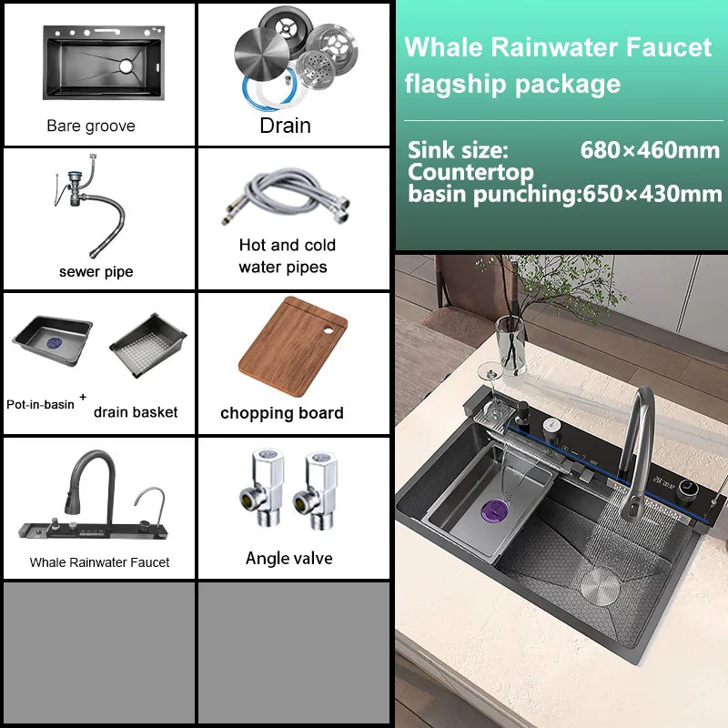 Kitchen Sink Stainless Steel Waterfall Sinks Extra Large Single Slot with Digital Display Faucet Set For kitchen
