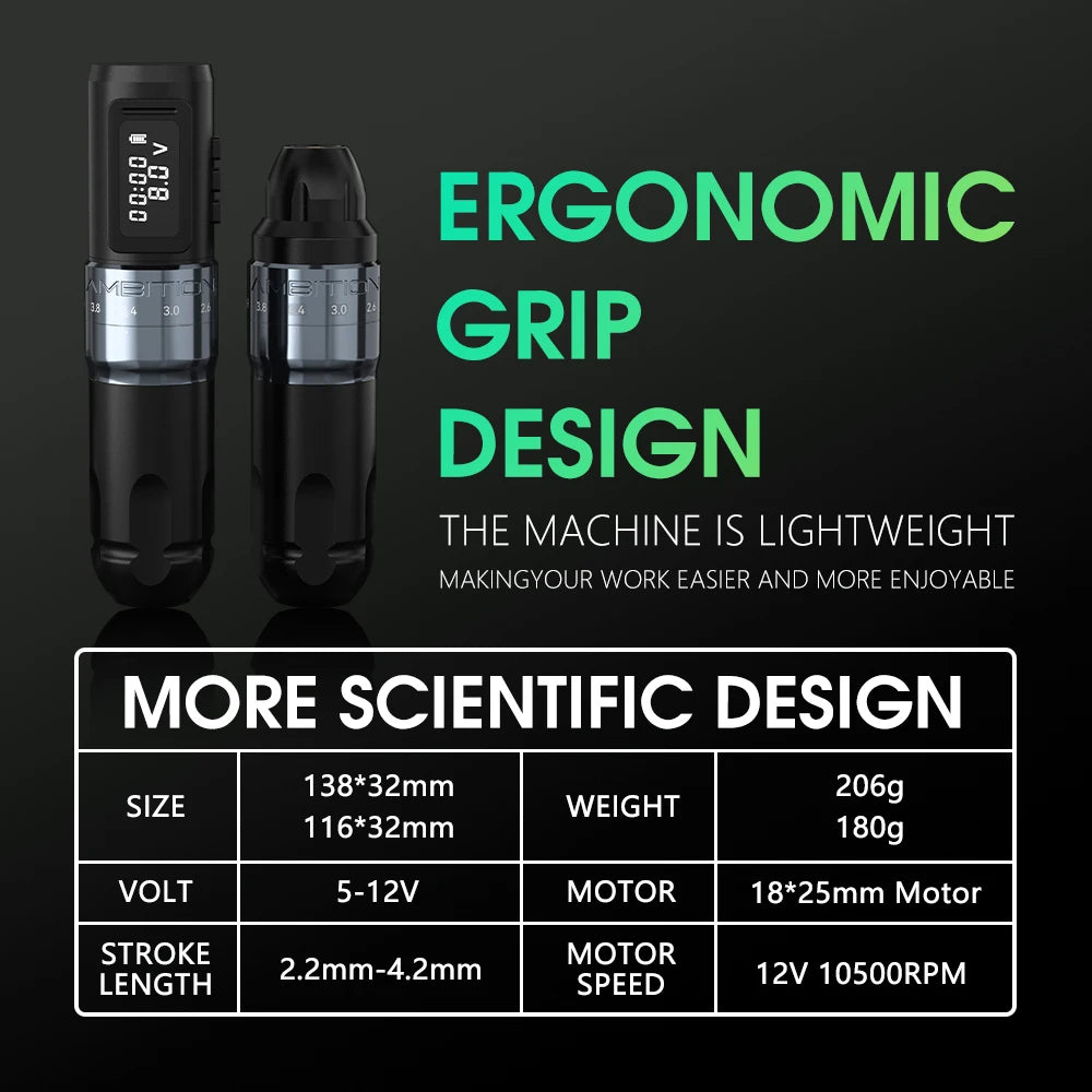 Ambition MARS-U Professional Wireless Tattoo Machine Pen Adjustable Stroke 2.2-4.2mm Cartridge 1800mAh Coreless Motor Tattoo Art