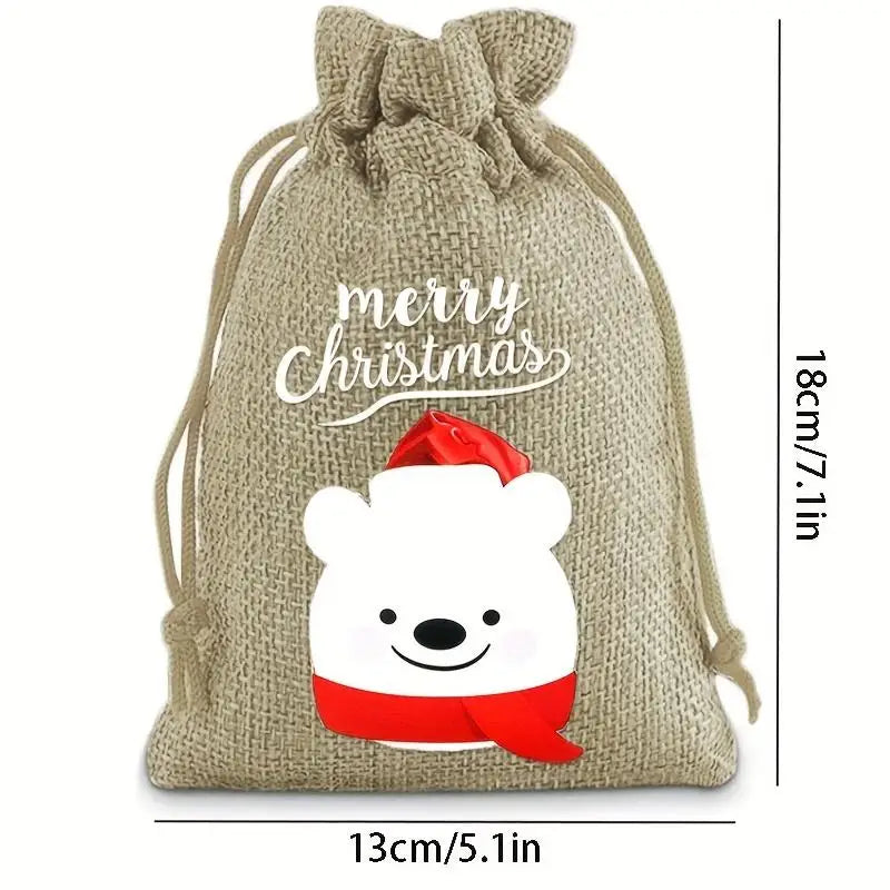 15pcs Set 13*18cm New Christmas Linen Drawstring Gift Bags, Jewelry Gift Bags, Party Drawstring Gift Pouches in Random Patterns