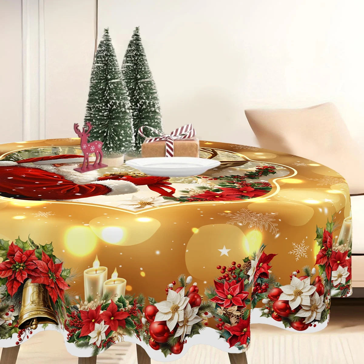 Golden Santa Claus Pattern Printed Tablecloth Christmas Decoration for Home 2025 Xmas Ornament Navidad Natal New Year Gift 2026