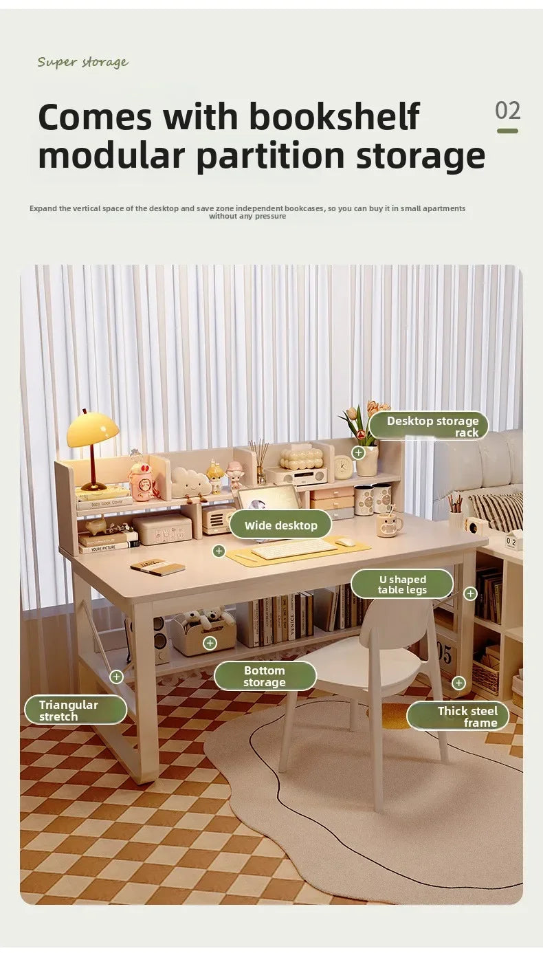 Solid Wood Computer Desk Household Desk Bookshelf Integrated Student Learning Desk Rental House Simple Office Table and Chair