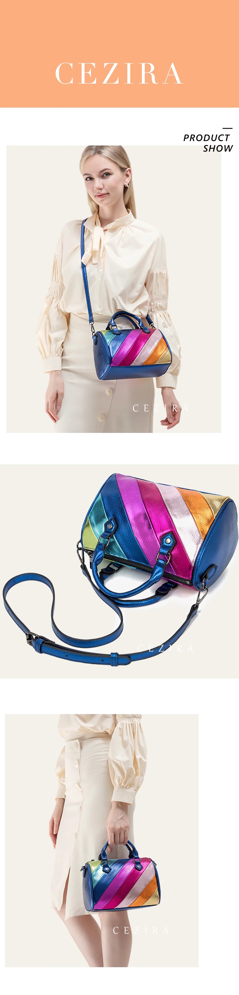 CEZIRA Luxury Metallic PU Vegan Leather Boston Bag Women Fashion Colorful Stripes Patchwork Top-handle Purse Crossbody Handbags
