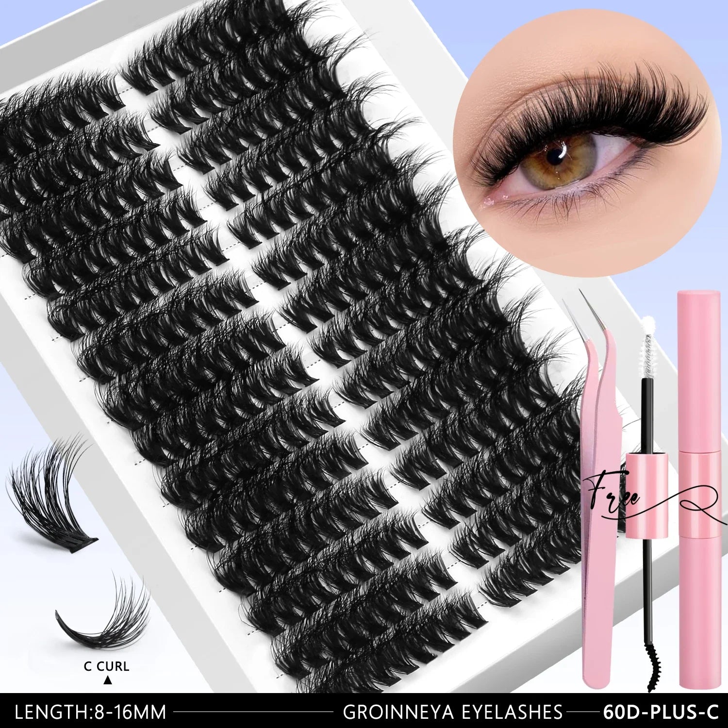 GROINNEYA DIY Eyelashes Lashes Clusters Kit Mix Wispy Individual Lashes Extensions Clusters Lashes Lash Bond & Seal Makeup