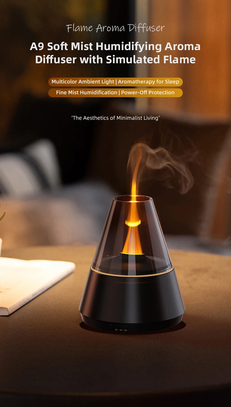 Candle Flame Ultrasonic Air Humidifier with 7-color Flame Ambient Light 3-level Timed Essential Oil Aroma Diffuser for Home Gift