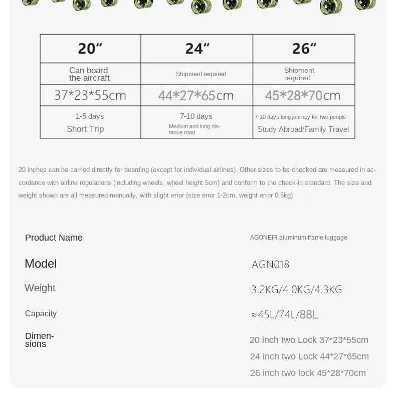 20"24 Inch Wide Handle Travel Suitcase Aluminum frame Carry-on Luggage Trolley Case with Wheels Boarding Box Rolling Luggage Bag