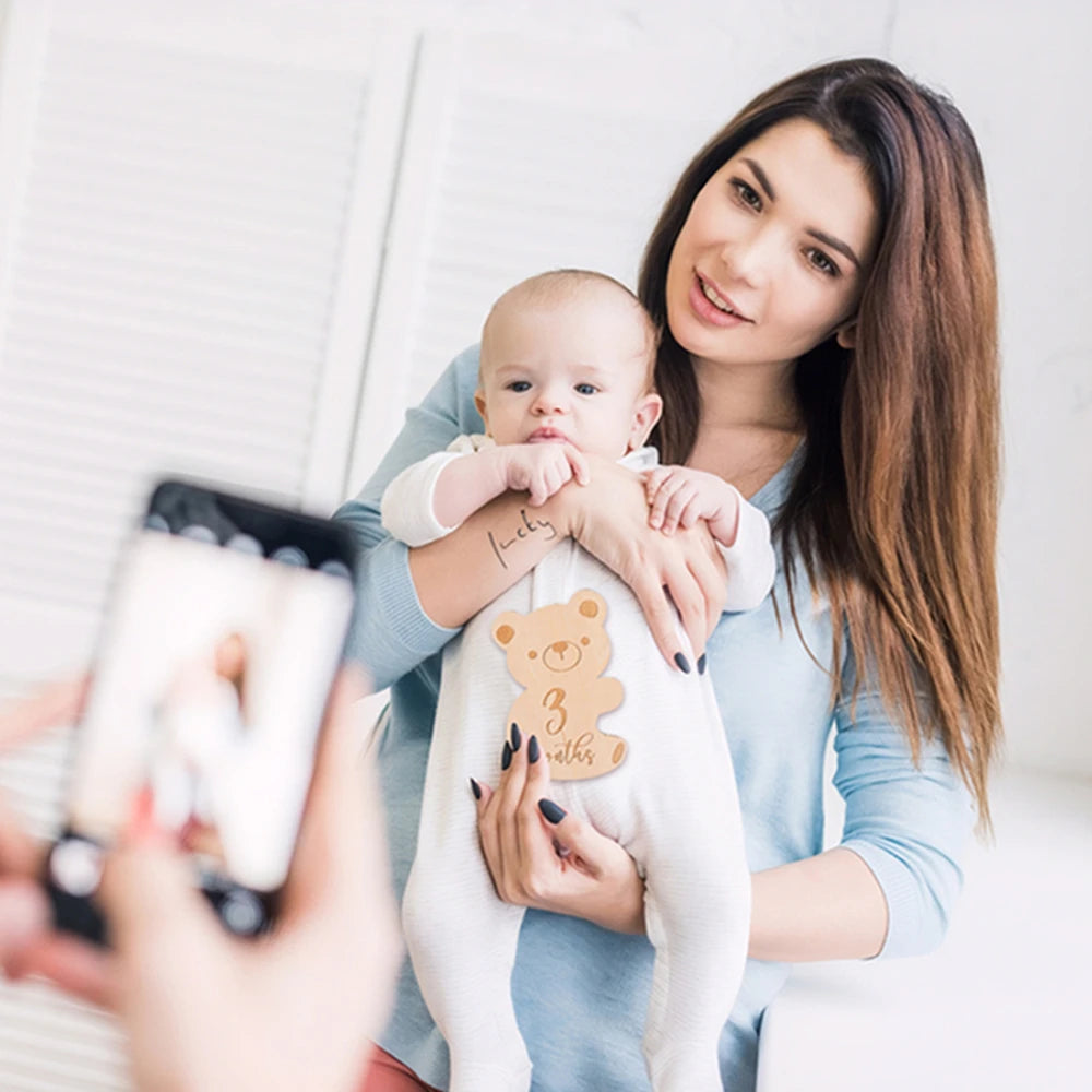 Baby Wooden Milestone Cards Bear Puzzles Memorial Monthly Cards for 0 12 Months Newborn Photography Accessories Birthing Gift