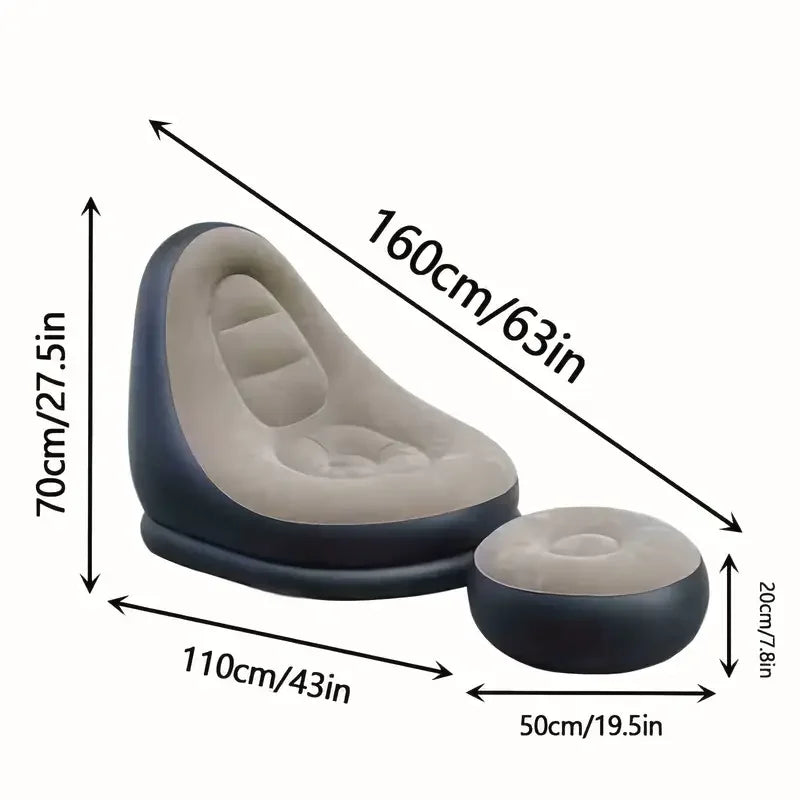2Pcs Lazy Sofa Inflatable Chair Folding Recliner (Sofa + Footrest) Outdoor Sofa Bed with Footrest Indoor and Outdoor Portable Folding Air Mattress Lunch Break Leisure Chair Set