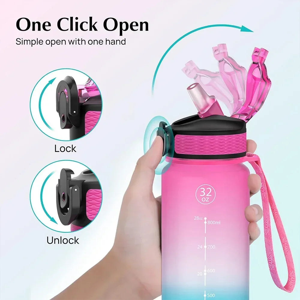 1L Gradient Color Motivational Sports Water Bottle with Time Marker Water Bottle with Straw for Office Exercise Gym Outdoor