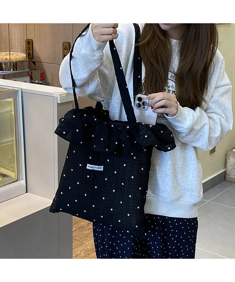 All-match Wave Point Chiffon Shoulder Bag Large Capacity Fairy Mesh Handbag Commuting Bag Korean Style Tote Bag Women