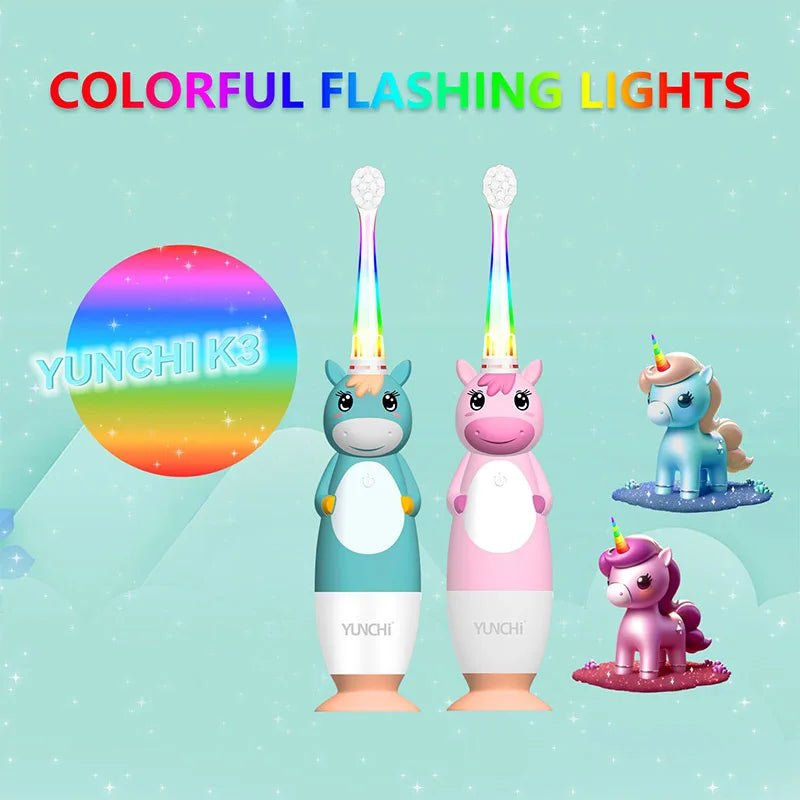 Toddler Sonic Electric Toothbrush for Baby with Cute Unicorn Cover and Smart LED Timer Soft Microfiber Bristles 4 Brush Heads
