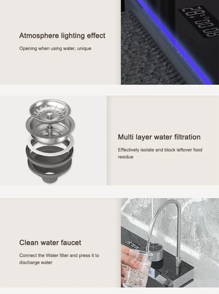 Kitchen Sink Stainless Steel Waterfall Sinks Extra Large Single Slot with Digital Display Faucet Set For kitchen