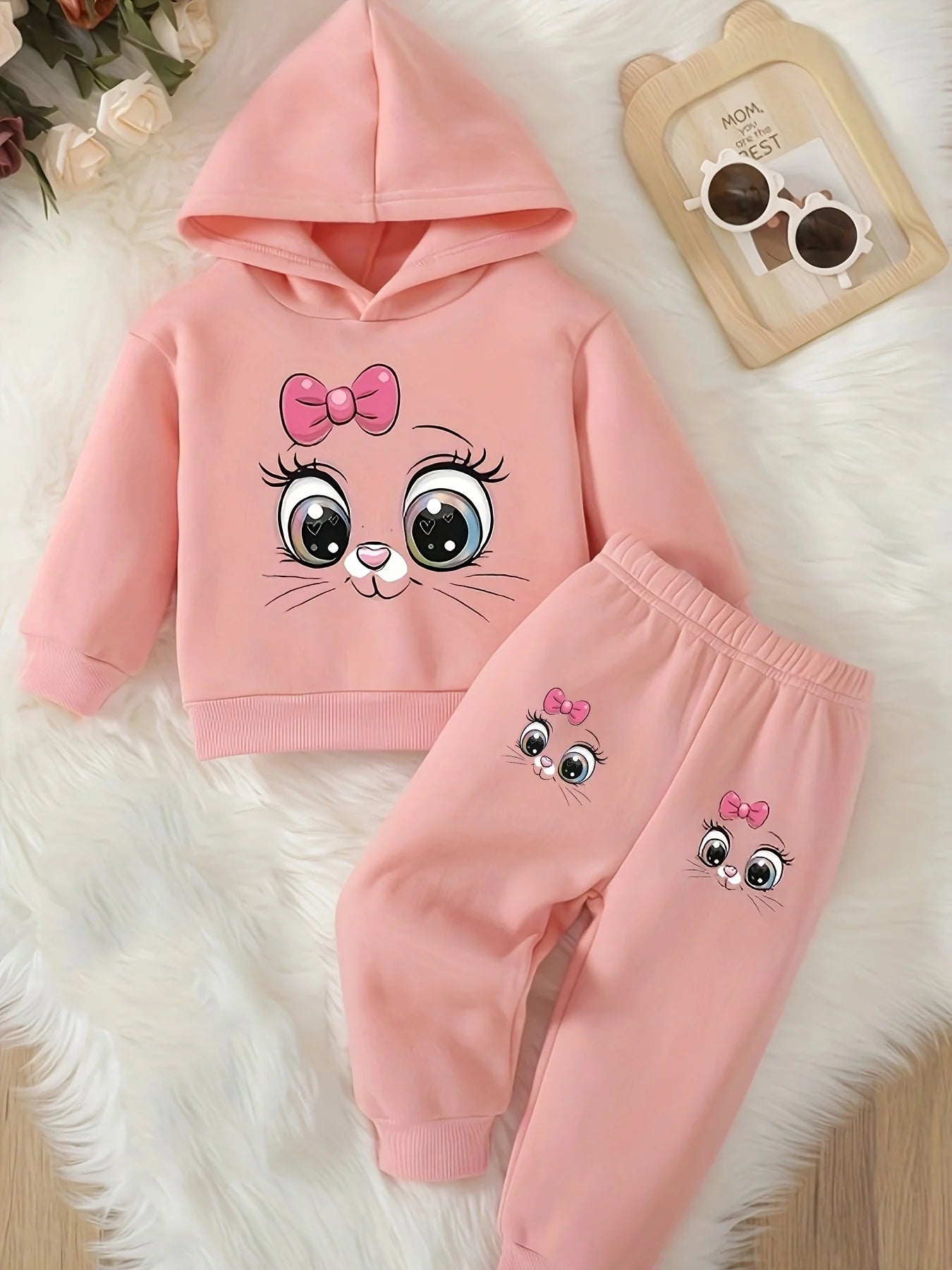 Baby girl cute cartoon cat pattern long sleeved fleece hooded sweatshirt+casual simple pants set, spring and autumn two-piece se