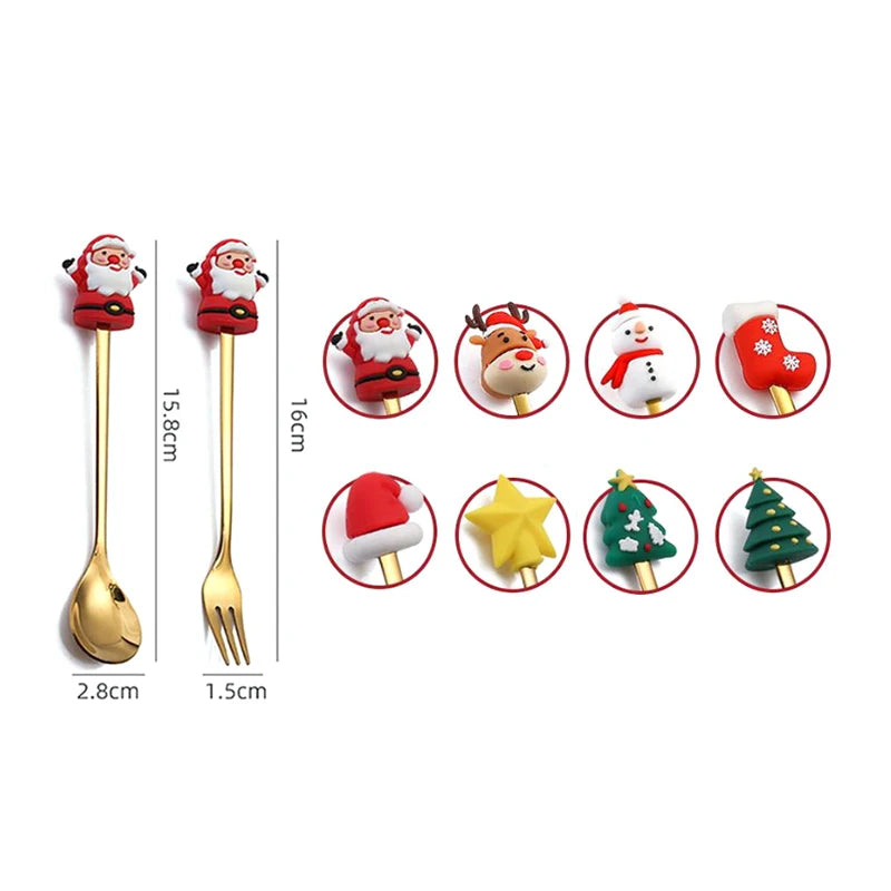 2/4/6Pcs Christmas Fork And Spoon Set,Stainless Steel Creative Tableware,Coffee Tea Dessert Forks And Spoons Gift Set