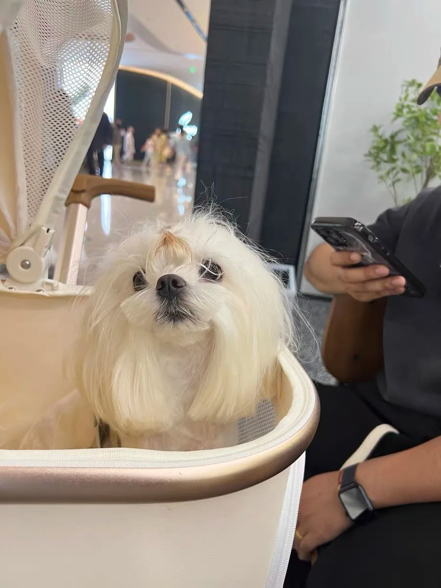 Foldable Strollers For Dogs Cats Milk White PU High Landscape Pet Stroller Outdoor Travel Pet Trolley Bearing Weight 15 KG