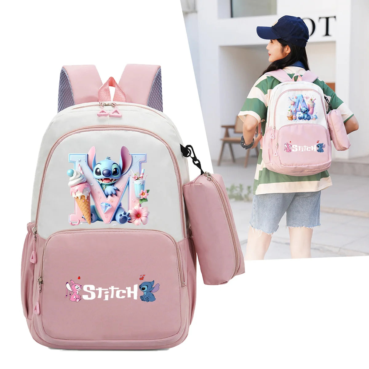 Stitch Disney Girls Schoolbag with Pencil Bags Women Travel Bag New Backpacks for Student Children Large Capacity Bookbag Gifts