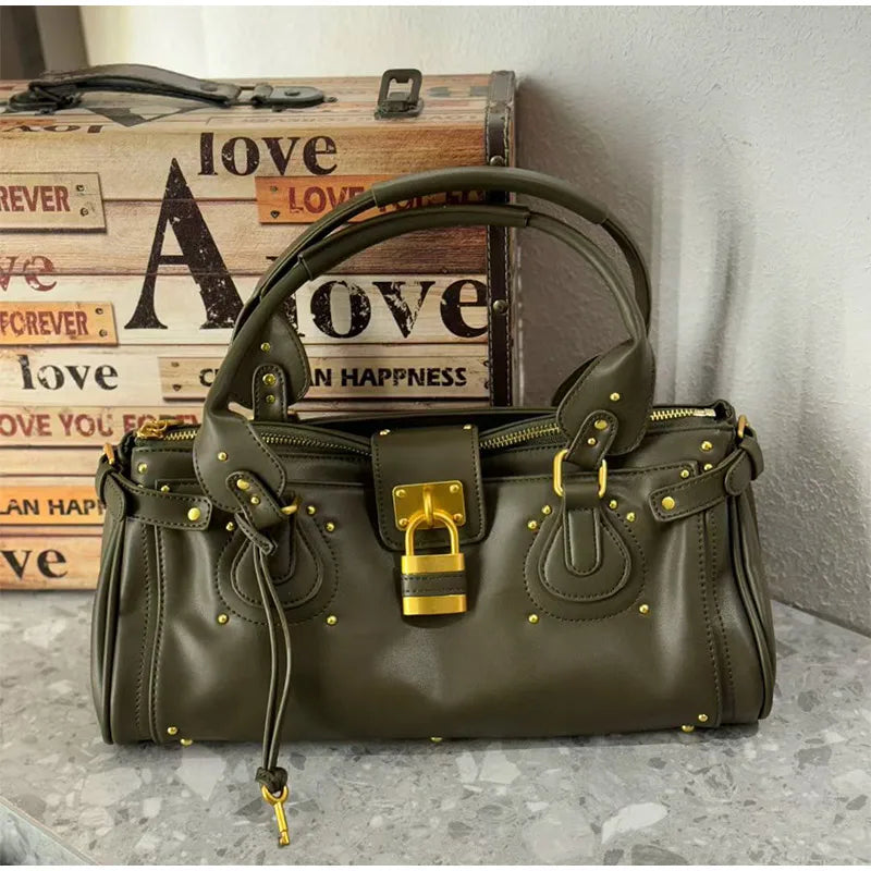 Vintage Lock Design Tote Bag Luxury Women's Handbag Underarm Bag Women's Large Boston Hobo Bag Fashion Texture Business Handbag
