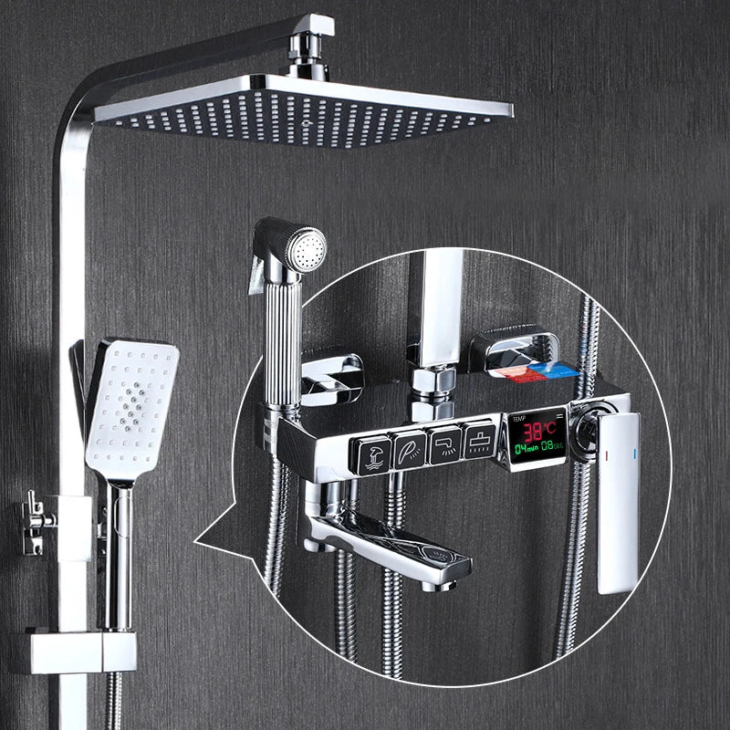 Thermostatic Digital Bathroom Shower Set Rainfall Shower Head Brass Bathroom Faucet Accessories Hot Cold Digital Shower System