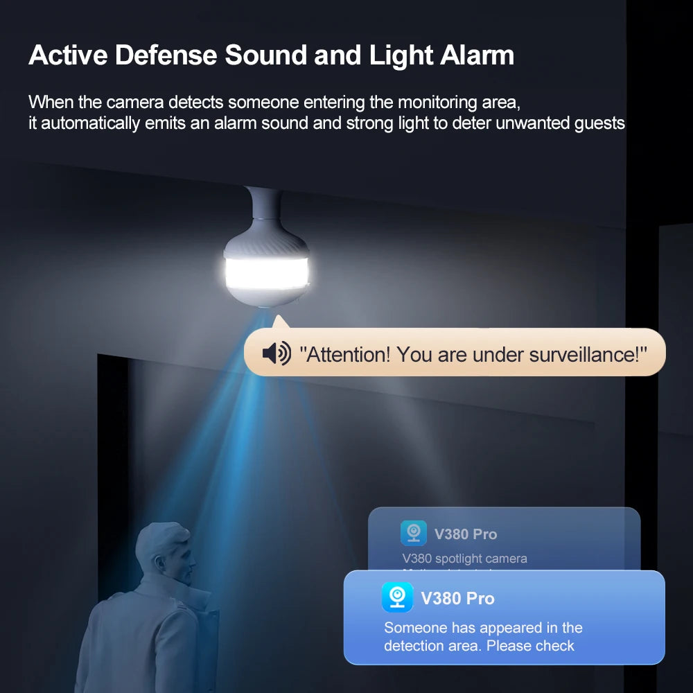 V380 PRO App 360 Panoramic View Bulb 3MP Camera Night Vision WiFi CCTV Fisheye Len Flood Light Camera