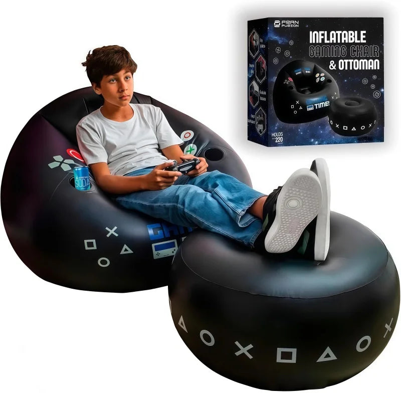 Creative Esports Game Inflatable Circular Sofa Chair with Cup Holder and Side Pockets Music Karaoke Black Bean Bag Sofa