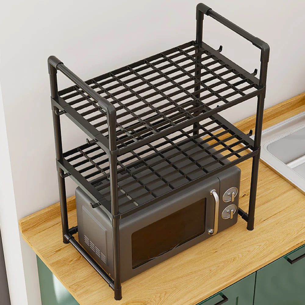 Extra Wide Microwave Stand - 2-Tier Heavy-Duty Kitchen Shelf for Oven Toaster & Spice Racks with Handrail Hooks Non-Slip
