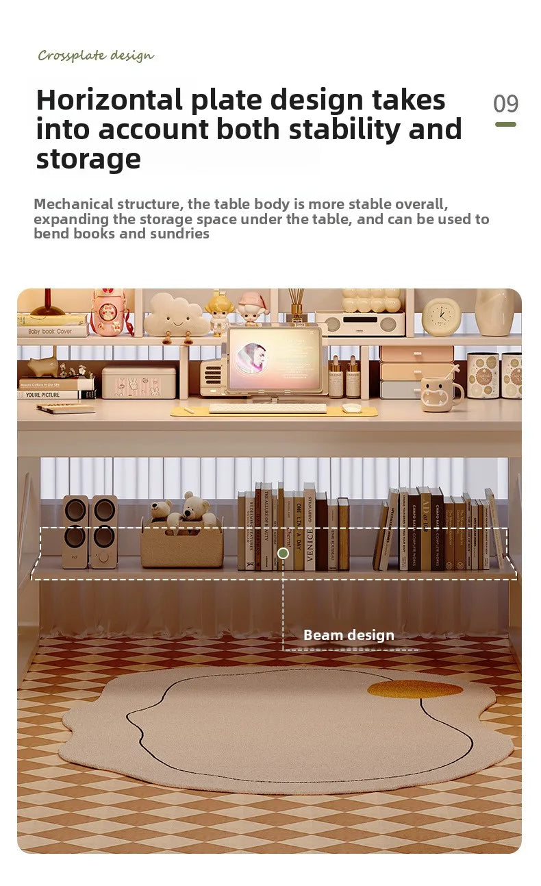 Solid Wood Computer Desk Household Desk Bookshelf Integrated Student Learning Desk Rental House Simple Office Table and Chair