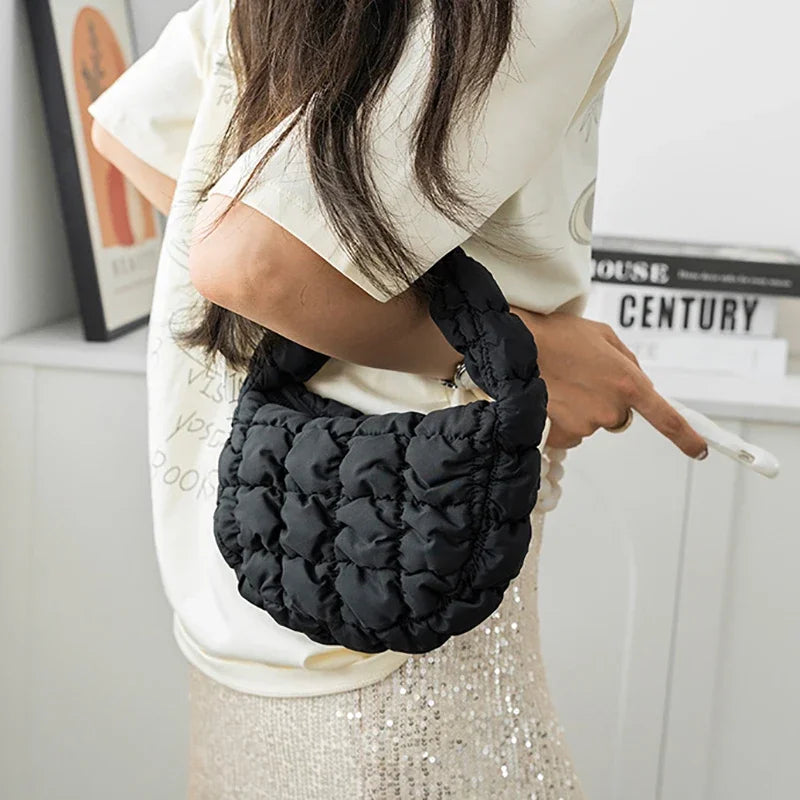 Candy bag Fashion Mini Puffer Tote Bag Quilted Circle Phone Purse  Elegant  Soft Nylon Padded Key Pouch Simple Trend Handbag