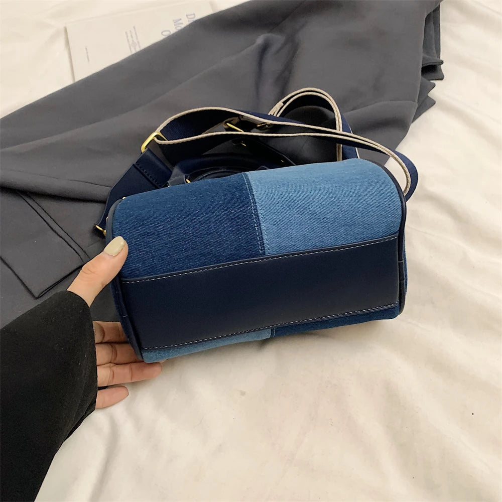Patchwork Colorblock Mini Handbags For Women Denim Shoulder Cross Body Bags Casual Street Small Boston Bag 2024 Designer Purses