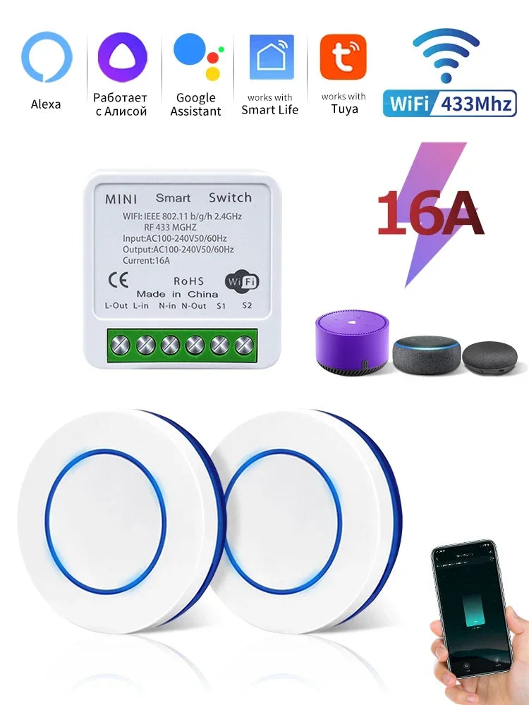 Tuya WiFi Smart Switch 16A RF 433Mhz Wireless Remote Control Push Button Switch Voice Control With Alexa Google Assistant Alice