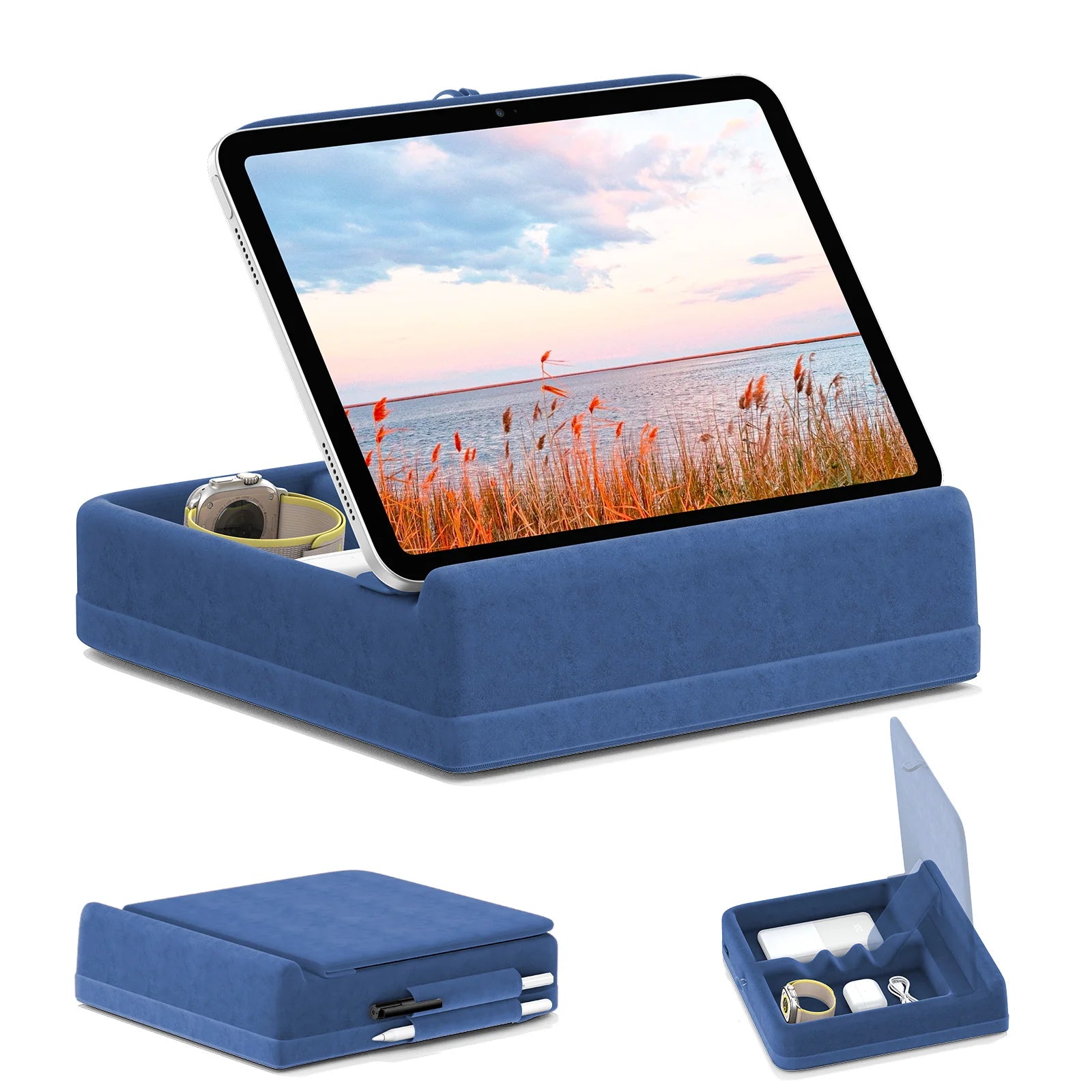 Tablet Pillow Stand with Storage Foldable iPad Holder for Bed & Lap and Desk Angle Adjustable Soft Pad Dock with Stylus Mount