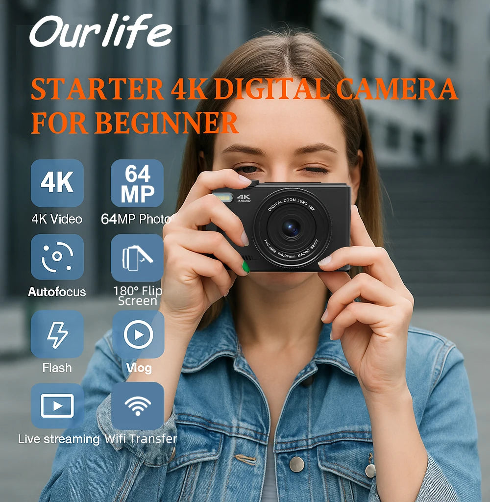 Ourlife AC600 Digital Camera 4K 64MP UHD Cameras 18X Digital Zoom 180° Flip Screen Vintage Vlogging Camera for YouTube Autofocus