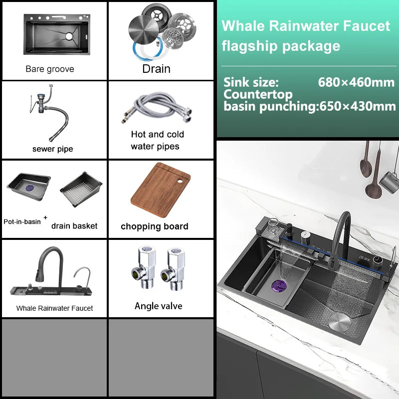 Stainless Steel Waterfall Kitchen Sink New Embossed Extra Large Single Slot Modern Digital Display Dishwashing Basin