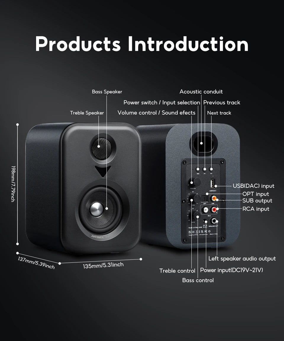 AIYIMA  Upgrade S400 Audio Bookshelf Active Speakers Studio Monitor 3 Inch Bluetooth USB DAC HiFi Home Subwoofer System TV PC