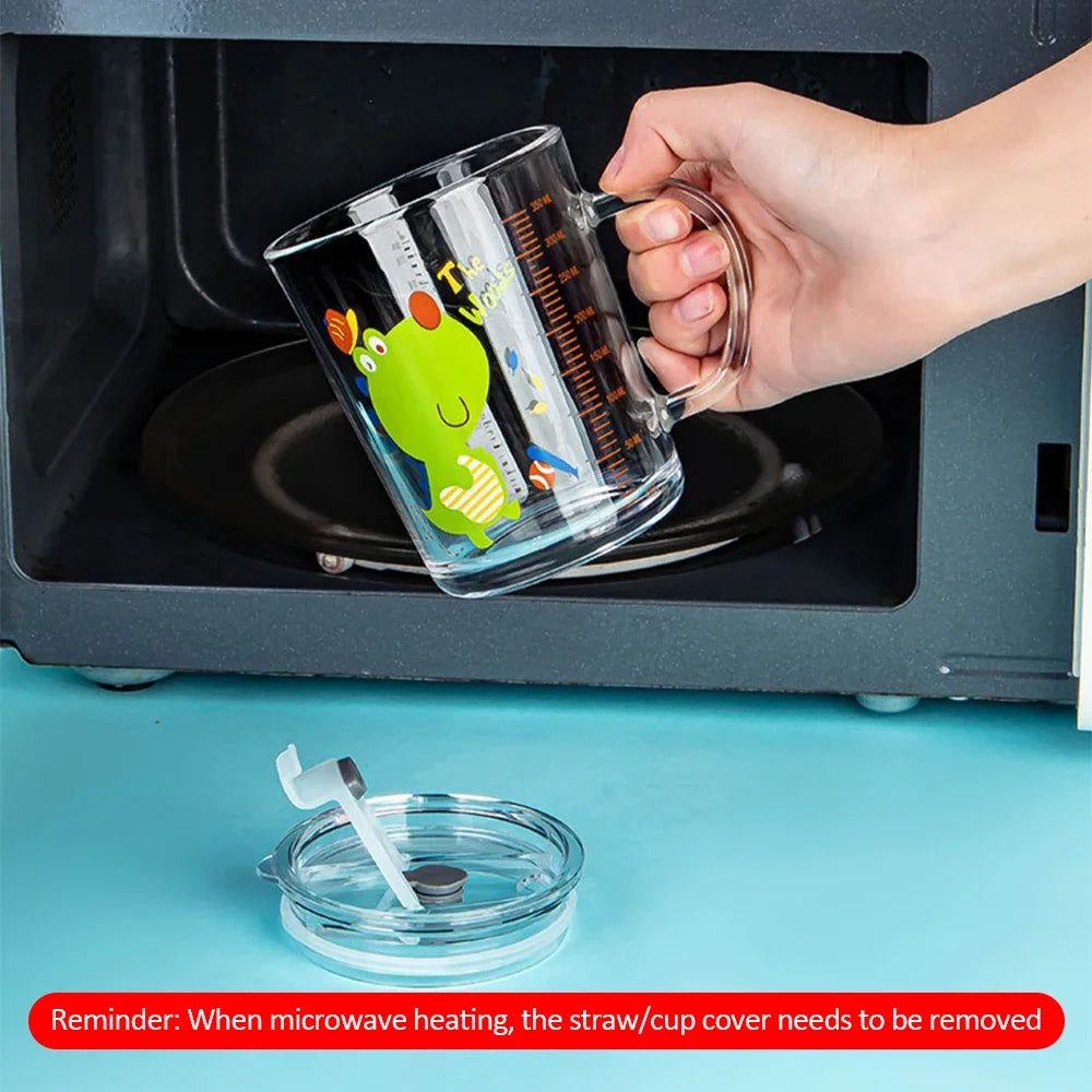 350ml Cute Unicorn Children Milk Cup With Scale Transparent Breakfast Cup With Straw Lid Cartoon Glass Cup For Kids Drinkware