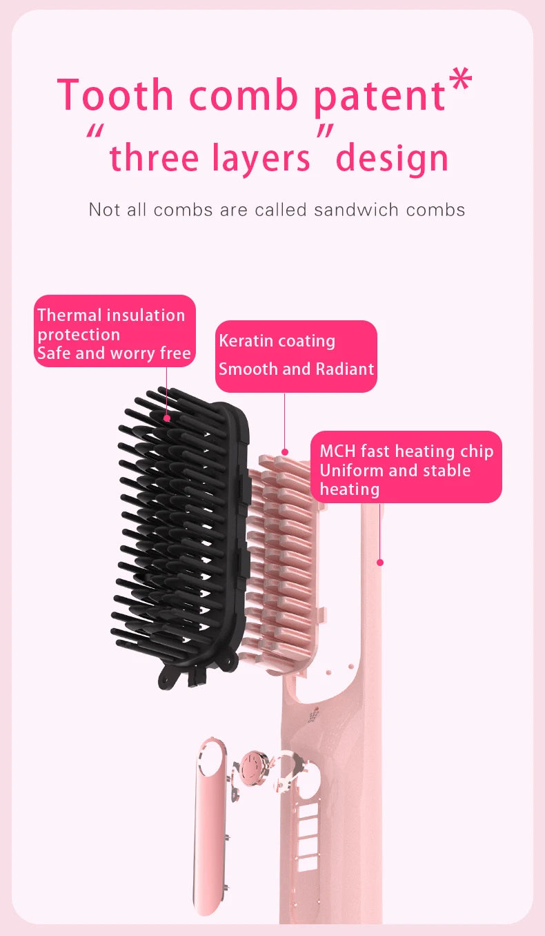 Negative Ion Hair Straightening Brush,360° Flexible Teeth,Fast Heat with 3 Adjustable Temperatures,Safe Anti-Scald Protection